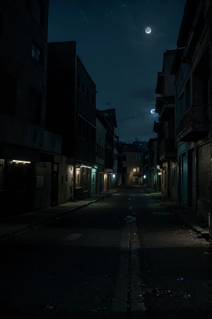 A photo shows a deserted and dark street under the moonlight.