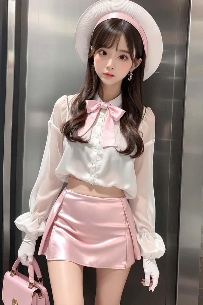 Highest quality、Elevator Girl、Shiny pink silk jacket、White sheer blouse with a large ribbon、Very short tight skirt、、A small round hat with a ribbon、Skinny、White gloves、Very embarrassed look、Sit on the floor facing the front、Face straight