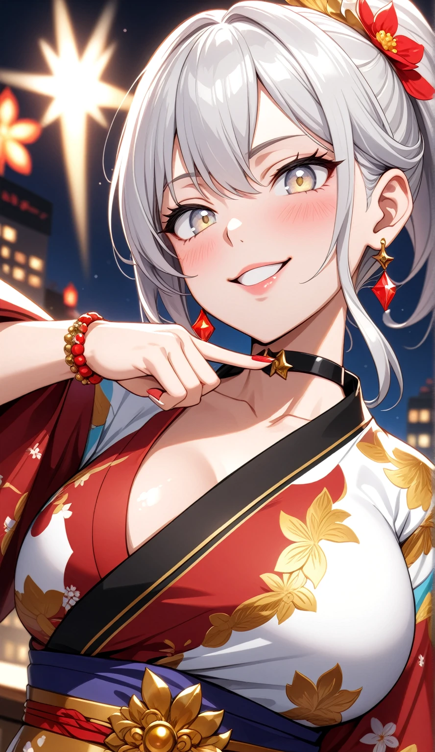 ((One personの女性)), Beautiful Face,((smirk)),((Wink:1.7)),((Finger touching lips)), Laugh with your mouth wide open,((Bright red cheeks:1.4)),Shiny red lips,night,rooftop,Festive decorations,You can see the ocean, firework,Laughing with your mouth open,Glossy pink lips,Facial lighting,((Anime style background)),masterpiece, Highest quality, so beautiful,up to date, Complex details, (Pink long nails),(ring),(bracelet),(choker),AI-generated, Complex,High resolution, Highest quality, super high quality,3D Images、3D Images,One person,Long white hair,High Ponytail,(White eyes),Anime woman posing for a photo, ((fine grain、Silvery white colorful eyes、Shining Eyes:1.4)),(Squint your eyes:1.1),a hyperRealistic , hyperRealistic , Realistic,Anime woman with long white hair, Smooth anime CG art, A woman in a colorful kimono with gold embroidery, (Black long sleeve kimono),Red floral pattern,Long flower hair ornament,big floral earrings,Mature Body,(Big Breasts:1.1),expensive,Abdominal muscles,Tight waist,(Zoom up to face:1.8),Shooting from below