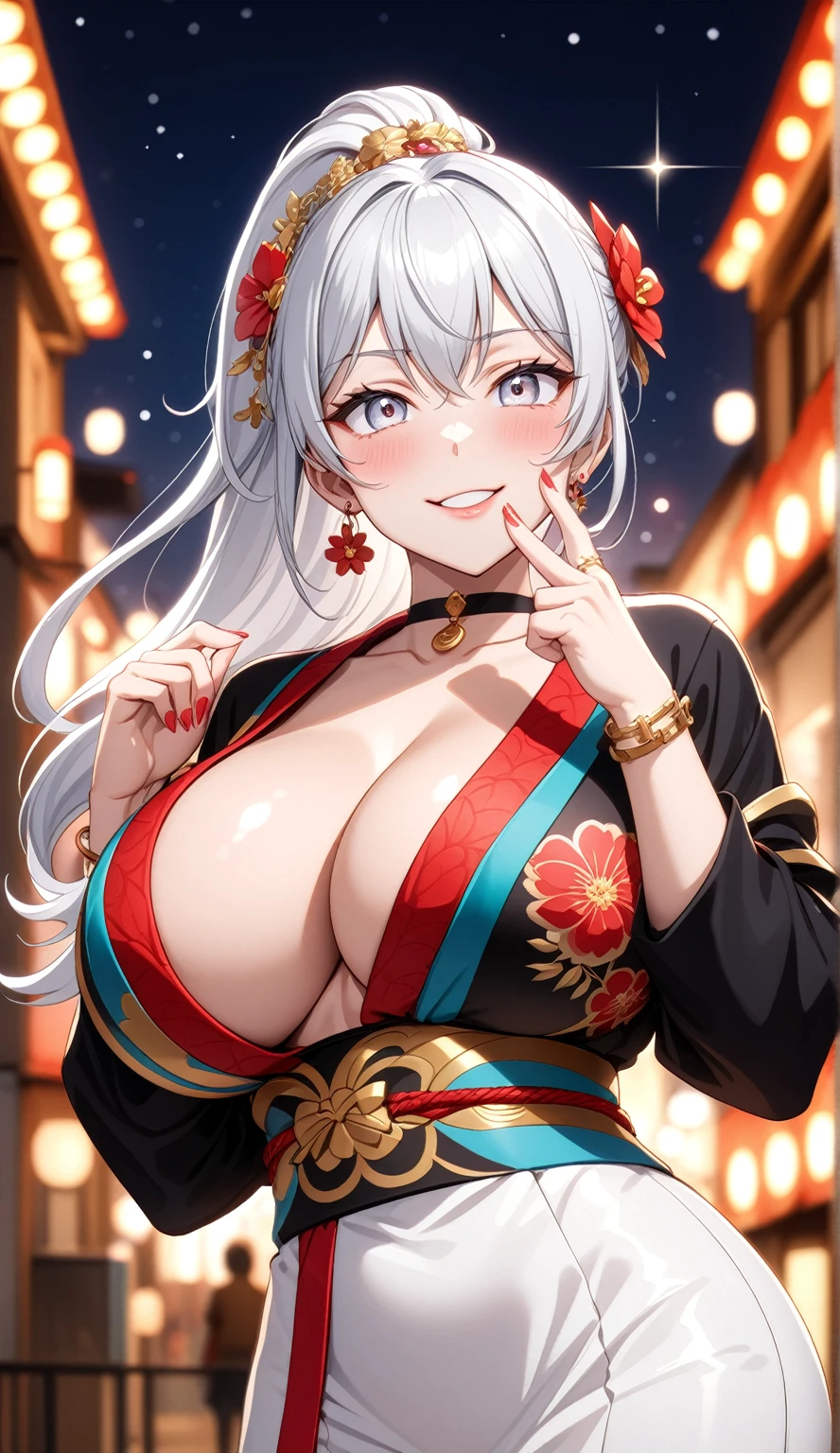 ((One personの女性)), Beautiful Face,((smirk)),((Wink:1.7)),((Finger touching lips)), Laugh with your mouth wide open,((Bright red cheeks:1.4)),Shiny red lips,night,rooftop,Festive decorations,You can see the ocean, firework,Laughing with your mouth open,Glossy pink lips, lighting,((Anime style background)),masterpiece, Highest quality, so beautiful,up to date, Complex details, (Pink long nails),(ring),(bracelet),(choker),AI-generated, Complex,High resolution, Highest quality, super high quality,3D Images、3D Images,One person,Long white hair,High Ponytail,(White eyes),Anime woman posing for a photo, ((fine grain、Silvery white colorful eyes、Shining Eyes:1.4)),(Squint your eyes:1.1),a hyperRealistic , hyperRealistic , Realistic,Anime woman with long white hair, Smooth anime CG art, A woman in a colorful kimono with gold embroidery, (Black long sleeve kimono),Red floral pattern,Long flower hair ornament,big floral earrings,Mature Body,(Big Breasts:1.1),expensive,Abdominal muscles,Tight waist,(Zoom up to face:1.8),Shooting from below