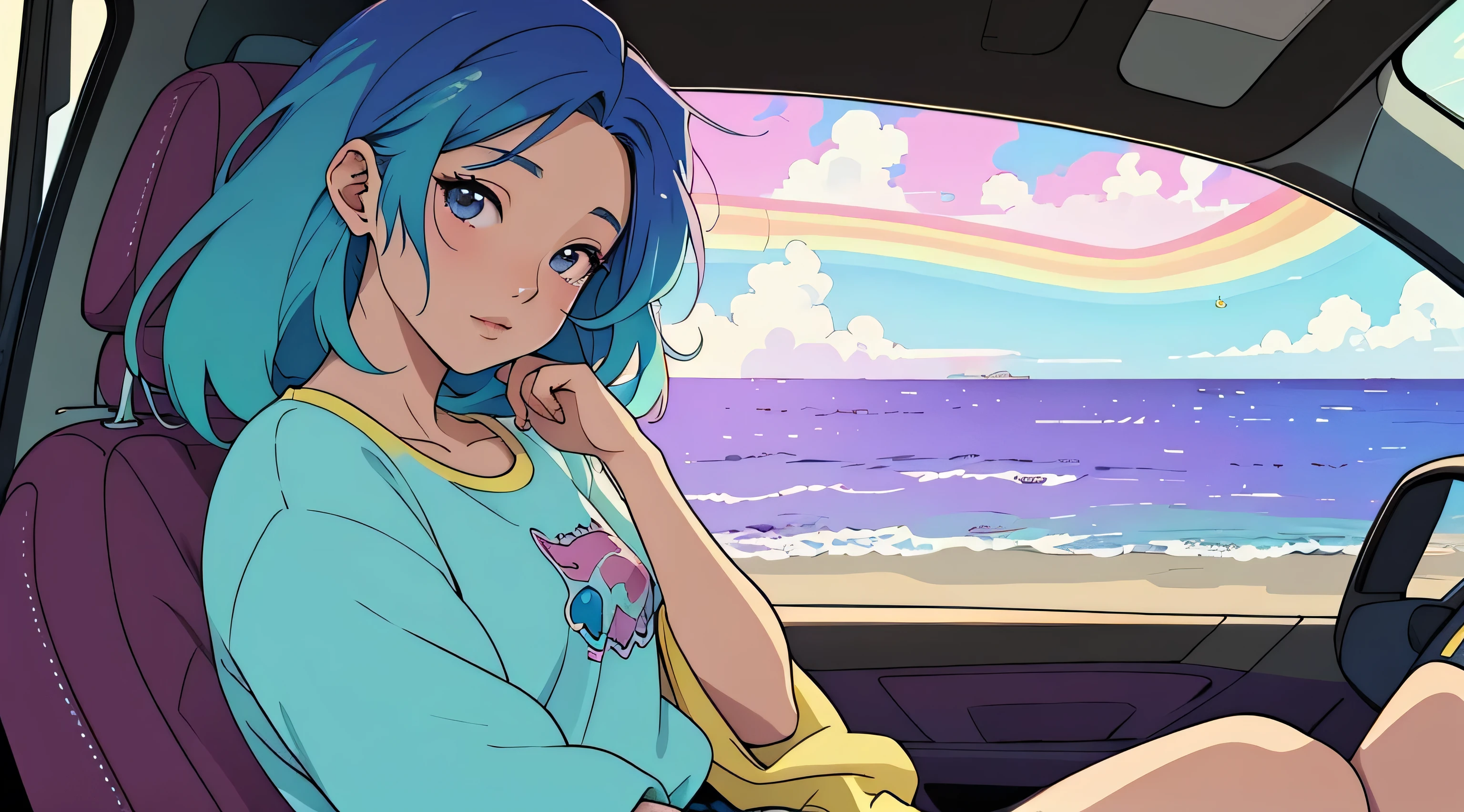 masterpiece, Highest quality, Rainbow Style, anime, Beautiful Asian Girl, tattoo, Sitting in a car,  Along the Hawaiian Coast, Cute and dreamy,anime,Illustrator,LOFI Girl, ブルース,