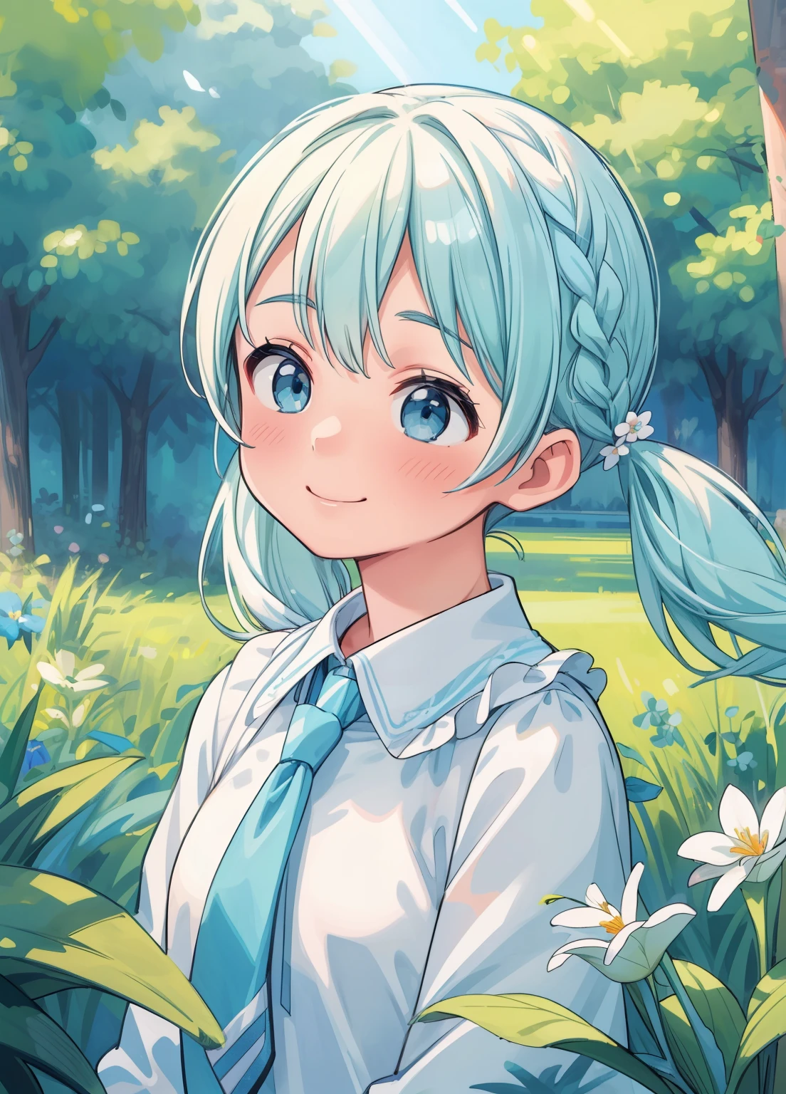(masterpiece、Highest quality、Highest quality、Official Art、Beautiful and beautiful:1.2)、(One girl:1.3)Hatsune Miku、Twin tails,Beautiful breasts,(Highest quality,4K,8K,High resolution,masterpiece:1.2),Super detailed,Realistic,white hair,blue eyes,White clothes,Upper Body,hair,Fair skin,Side braid,Big garden, Blooming Flowers,Soft sunlight,Peaceful atmosphere,Breeze,Vibrant colors,Subtle Shadows,Calm expression,Smile of joy,Relaxed posture,Dreamy Background