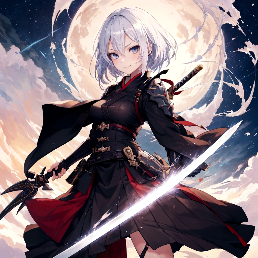 a close up of a person with a sword, by Shitao, pixiv, auto-destructive art, girl with short white hair, fullbody commission for, smirk expression, full color illustration, anime style”