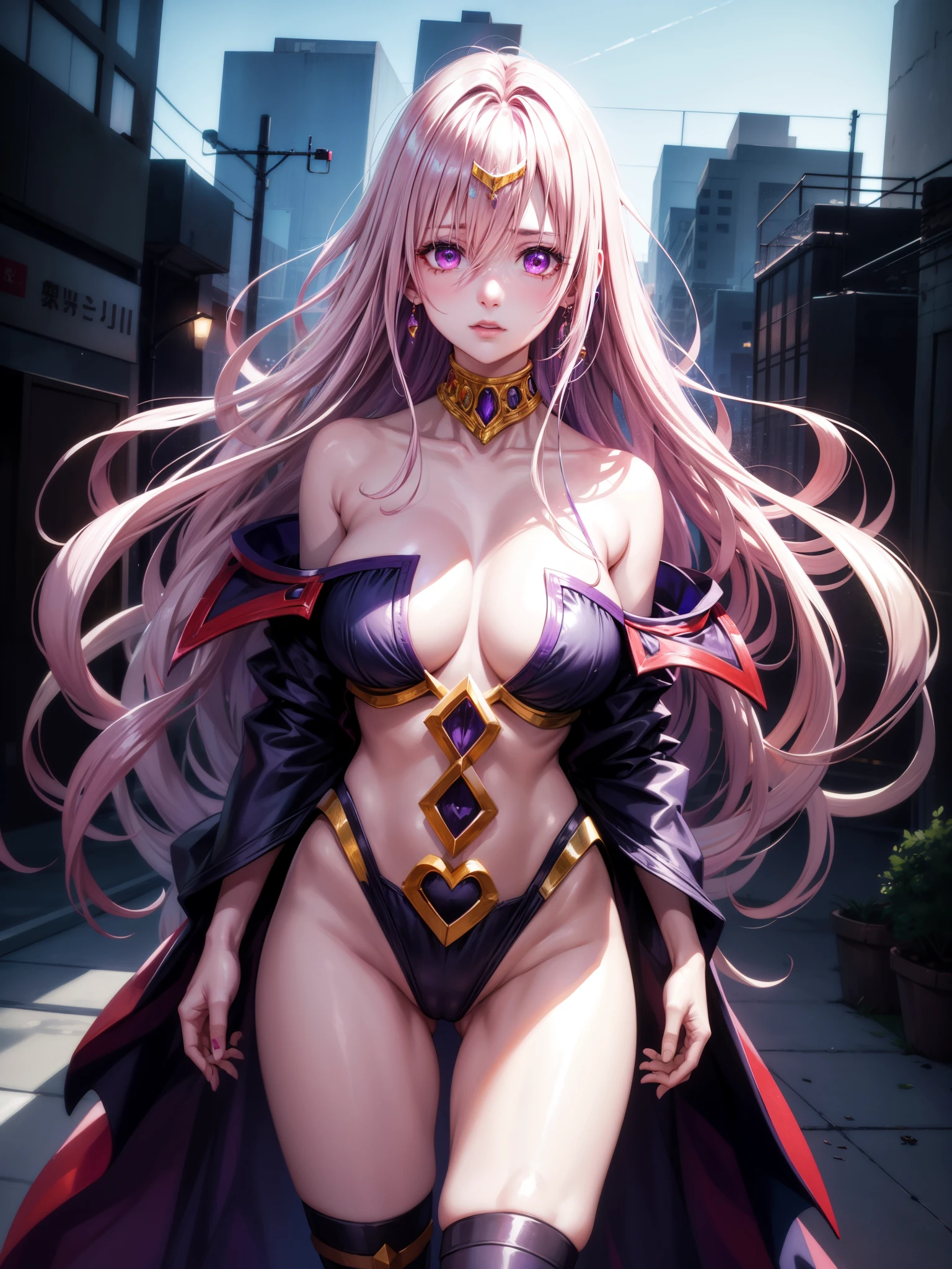 score_9, score_8_up, score_7_up, score_6_up, score_5_up, detailed, source_anime, covered nipples, detailed, 1girl, solo, intricate details, chromatic aberration, realistic, long white hair with purple highlights, red head ornament, pink highlights, hair over one eye, purple eyes, earrings, sharp eyes, choker, neon shirt, torn legwear, night, standing on edge of roof, overlooking the city, looking at viewer