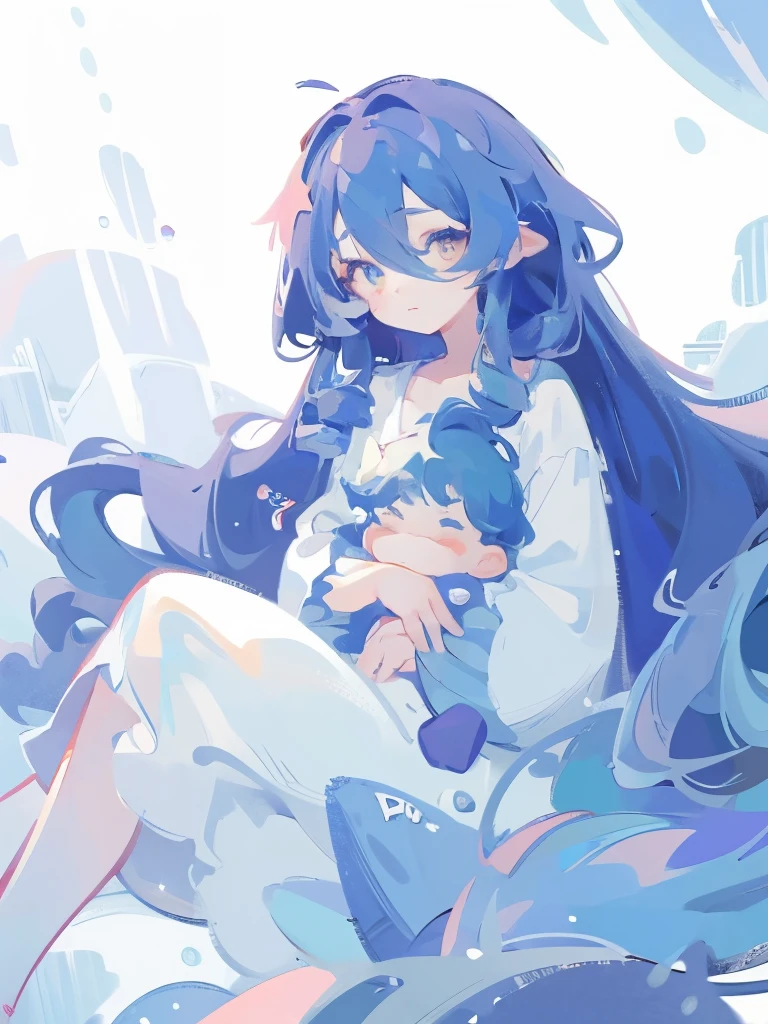 ((SFW)), (best quality,4k,8k, high res,masterpiece:1.2), ((masterpiece)), (((best quality))), slightly muted colors, solo girl, 1 character only, same character, hair color, hairstyle fax, eyes, simple white background, clouds, flowy hair, stars in hair, adult, starry eyes, sea, ocean, celestial, hairstyle fax, deity, muted blue hair, sky-like hair with stars, ocean hair, soft smile, (({comforting aura}))