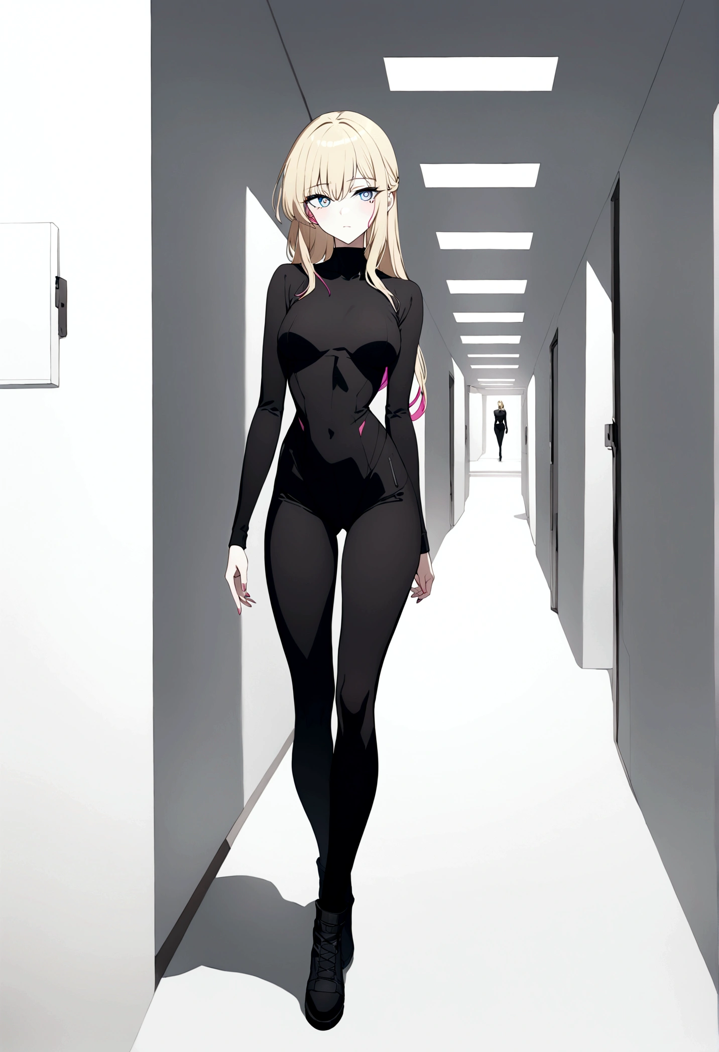 (masterpiece, 32k, 8k, white laboratory corridor setting, character walking towards the viewer) woman, 26 years old, naturally beautiful face, long blonde hair with pink streaks, tight black clothes in cyberpunk style, eyes of different colors, one blue eye and another gray eye