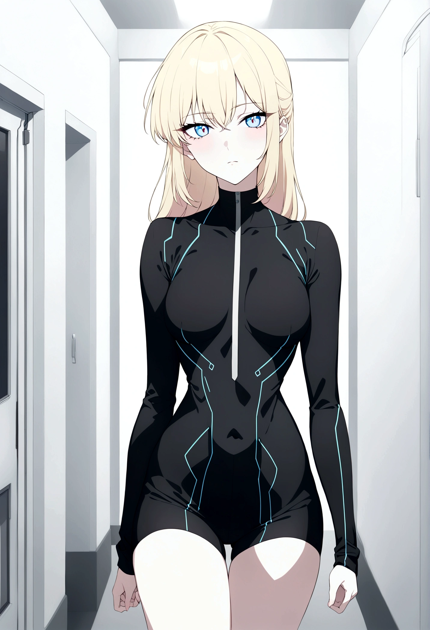 (masterpiece, 32k, 8k, white laboratory corridor setting, character walking towards the viewer) woman, 26 years old, naturally beautiful face, long blonde hair with pink streaks, tight black clothes in cyberpunk style, eyes of different colors, one blue eye and another gray eye