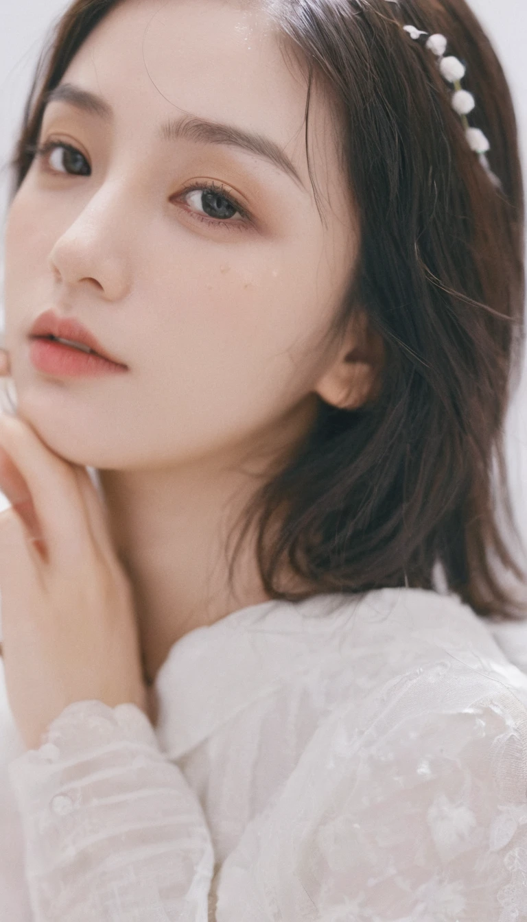 mixgirl, an style, eye focus, highest quality, (highly detailed skin), photo of a exquisitely beautiful pale skin, 21yo, perfect face, alluring eyes, (seductive makeup: 1.3), skin pores, (bokeh:1.5), sharp focus, dappled lighting, (backlighting), film grain, (highly detailed, intricately detailed), 8k, HDR, front view, studio light, Ultra-detailed face, Detailed eyes, (Double eyelid: 1.4), Alice toggle, brown eye, (commercial: 1.6), (seductive makeup), ((white studio background: 2))