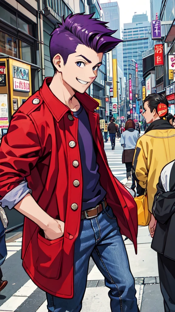 Bad boy, low angle, purple pompadour, red jacket and jeans, looking at camera, smiling, Tokyo city，Pocket Hand