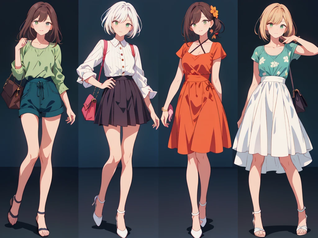 (((Best Quality))) , ((full body)), 4 lady, adult woman, multiple views, white background, variety of hairstyles, variety of fashion styles, seductive pose, fashionable and trendy atmosphere, holding bag, spring outfits, walk pose, dark blue/dark orange/dark green/dark violet/brown/white, short shorts,
