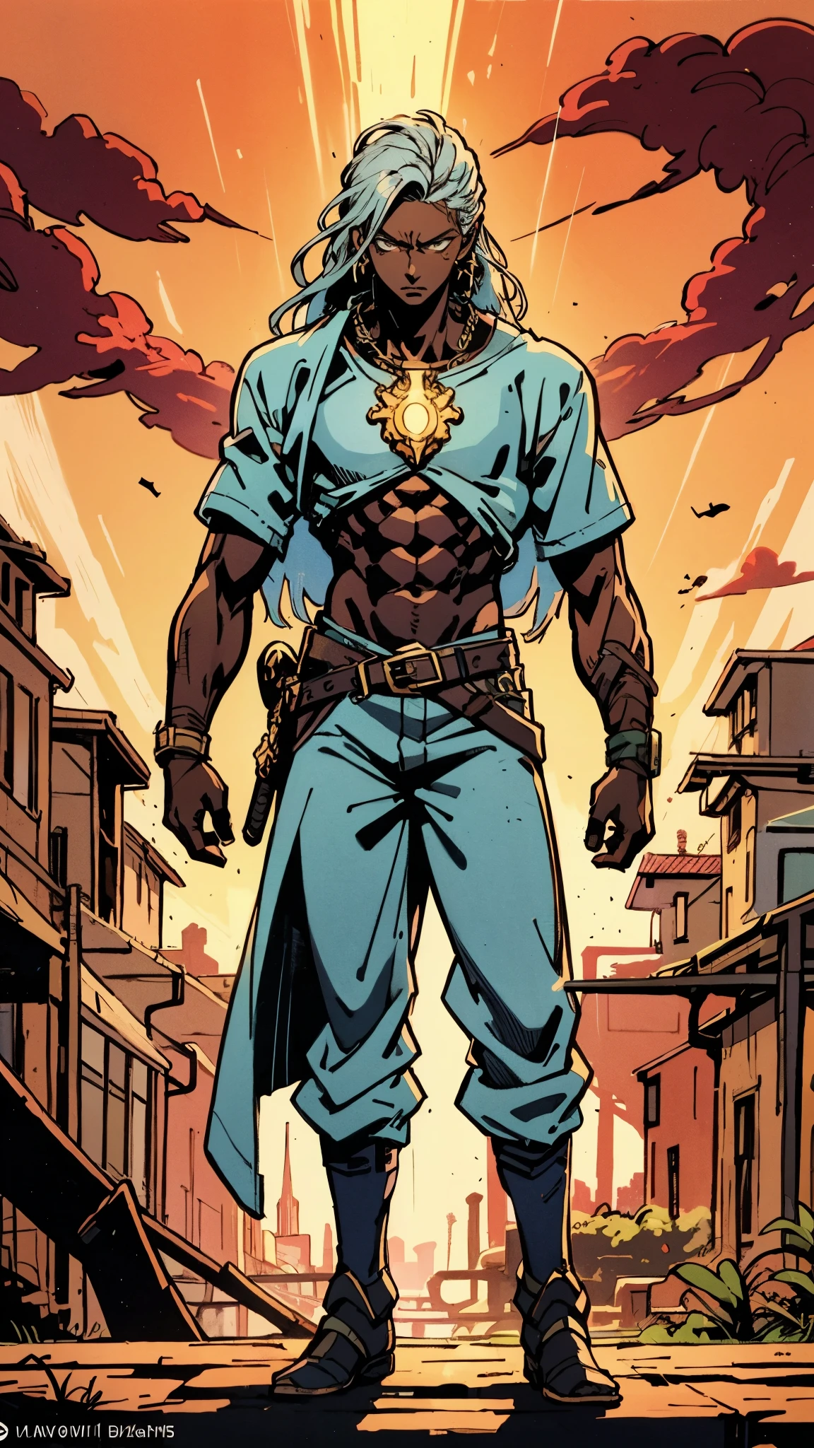 A young man with long white dreadlocks, dark skin, a melancholic expression, drooping eyelids and eyebrows, a lean face, a thin yet sturdy build, a tattered and ill-fitting light blue fantasy-style adventurer's shirt with short sleeves, revealing his abs, a silver breastplate on his left chest, a large sword is strapped to his back, a yellow belt, white coarse cloth trousers, stands nervously in a fantasy-style western town, this character embodies a finely crafted fantasy-style adventurer in anime style, exquisite and mature manga art style, dramatic, high definition, best quality, highres, ultra-detailed, ultra-fine painting, extremely delicate, professional, perfect body proportions, golden ratio, anatomically correct, symmetrical face, extremely detailed eyes and face, high quality eyes, creativity, RAW photo, UHD, 32k, Natural light, cinematic lighting, masterpiece-anatomy-perfect, masterpiece:1.5