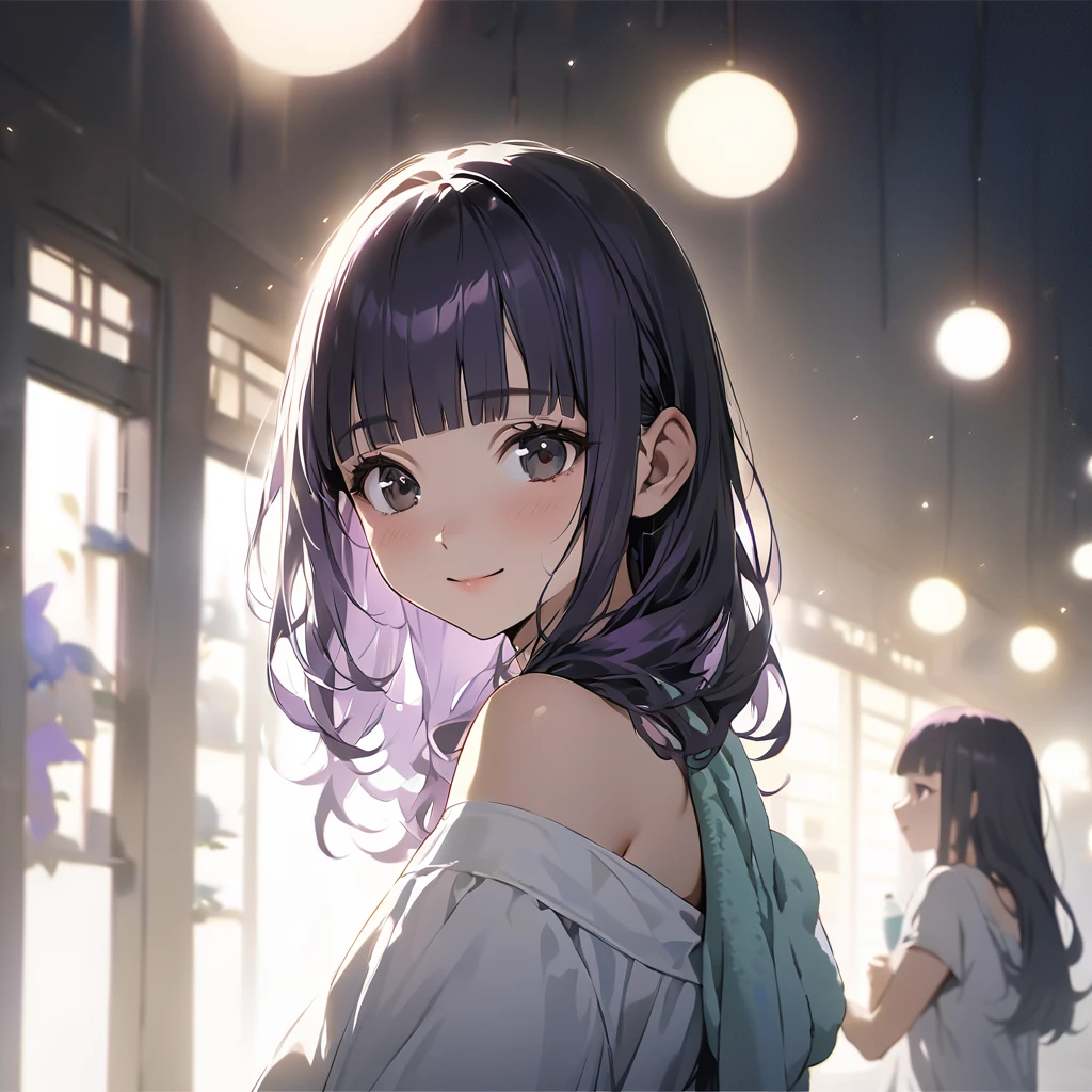 (Cute a girl:1.5), (Off-the-shoulder white plain T-shirts, black sarouel pants:1.1),(masterpiece:1.3), anime visual,  (Lovey-dovey:1.5), (tilt head:1.3), extremely delicate face, realistic lighting and shading, (an extremely delicate and beautiful art:1.3),15 years old,smiling,(pale purple wavy and blunt bangs hair,green and black eyes:1.5),smiling,from front,fullbody shot,full body shot,At a night lesson, with sports towels around their necks and drinking water from plastic bottles,night lit,