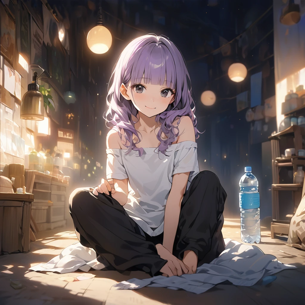 (Cute a girl:1.5), (Off-the-shoulder white plain T-shirts, black sarouel pants:1.1),(masterpiece:1.3), anime visual, (Lovey-dovey:1.5), (tilt head:1.3), extremely delicate face, realistic lighting and shading, (an extremely delicate and beautiful art:1.3),,smiling,(pale purple wavy and blunt bangs hair,green and black eyes:1.5),smiling,from front,fullbody shot,full body shot,At a night lesson, with sports towels around their necks and drinking water from plastic bottles,night lit,