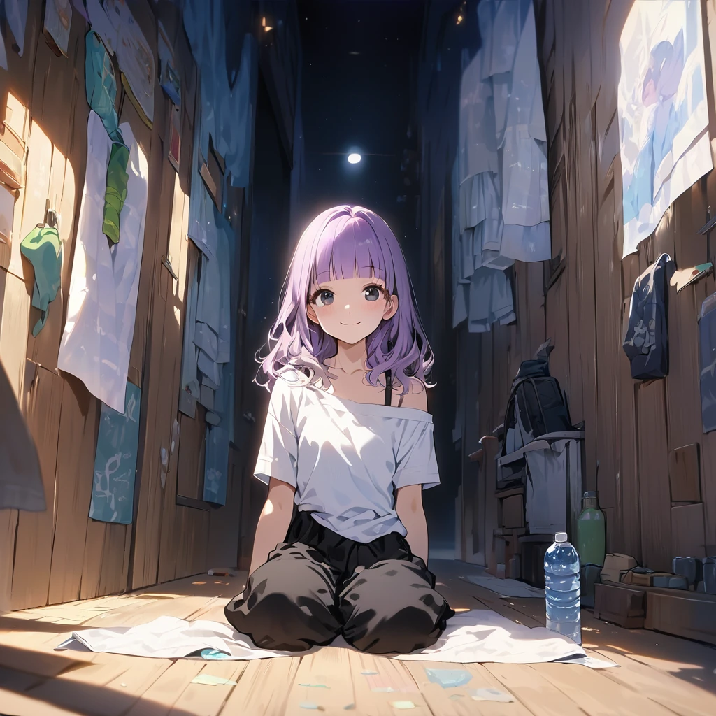 (Cute a girl:1.5), (Off-the-shoulder white plain T-shirts, black sarouel pants:1.1),(masterpiece:1.3), anime visual,  (Lovey-dovey:1.5), (tilt head:1.3), extremely delicate face, realistic lighting and shading, (an extremely delicate and beautiful art:1.3),15 years old,smiling,(pale purple wavy and blunt bangs hair,green and black eyes:1.5),smiling,from front,fullbody shot,full body shot,At a night lesson, with sports towels around their necks and drinking water from plastic bottles,night lit,