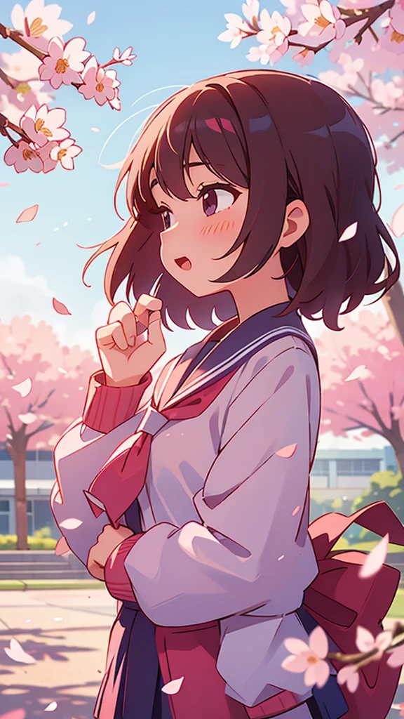 High school girls are excited about the start of a new school term High school girl, upper body, side profile The background is a school building with cherry blossom petals falling in the air. The placement of the high school girls is slightly to the right