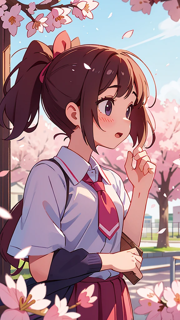High school girls are excited about the start of a new school term High school girl, upper body, side profile The background is a school building with cherry blossom petals falling in the air. The placement of the high school girls is slightly to the right