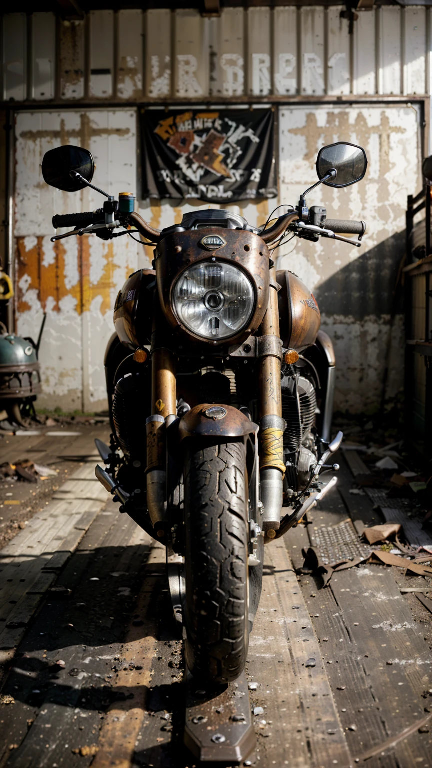 (create an ultra-high definition, hyper-realistic, highly detailed, high-quality image, sharp focus, professional lighting, vivid colors, warm tones and intricate details, representing in detail a grunge workshop, customized motorcycle, rusted metal, grime, oil stains, weathered textures, industrial setting, workshop tools, dirty environment, abandoned warehouse).