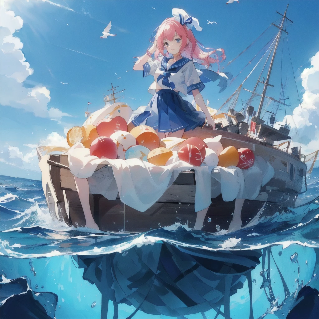 Girl in sailor suit standing on giant cake ship in the middle of the ocean, smile,Seagulls are flying,Anime girl walking on water, Anime Style 4k, Kantai Collection Style, Splash Art Anime Loli, 4KAnime Wallpaper, anime art wallpaper 4k, anime art wallpaper 4k, Wallpaper Anime Blue Water, Anime Art Wallpapers 8K, Anime Wallpaper, Anime Wallpaper 4k