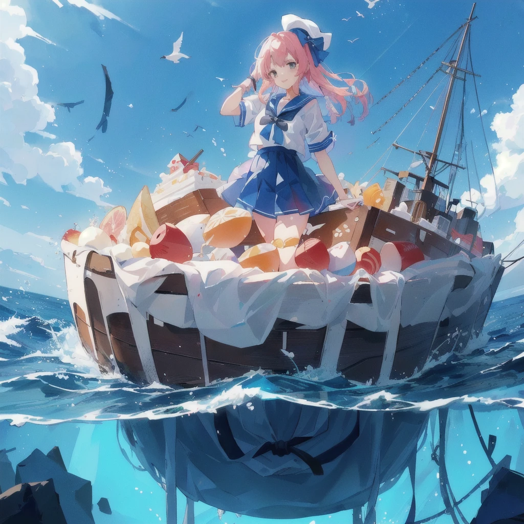 Girl in sailor suit standing on giant cake ship in the middle of the ocean, smile,Seagulls are flying,Anime girl walking on water, Anime Style 4k, Kantai Collection Style, Splash Art Anime , 4KAnime Wallpaper, anime art wallpaper 4k, anime art wallpaper 4k, Wallpaper Anime Blue Water, Anime Art Wallpapers 8K, Anime Wallpaper, Anime Wallpaper 4k