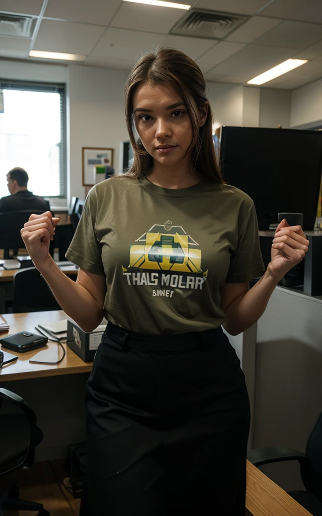 An office worker wearing a shirt with the Halo Master Chief's helmet, sitting in a chair with your feet on the table with your hands behind your head, digital style