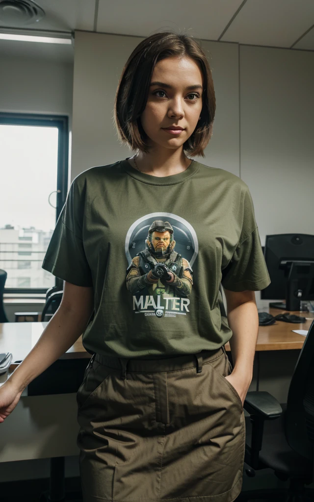 An office worker wearing a shirt with the Halo Master Chief's helmet, sitting in a chair with your feet on the table with your hands behind your head, digital style