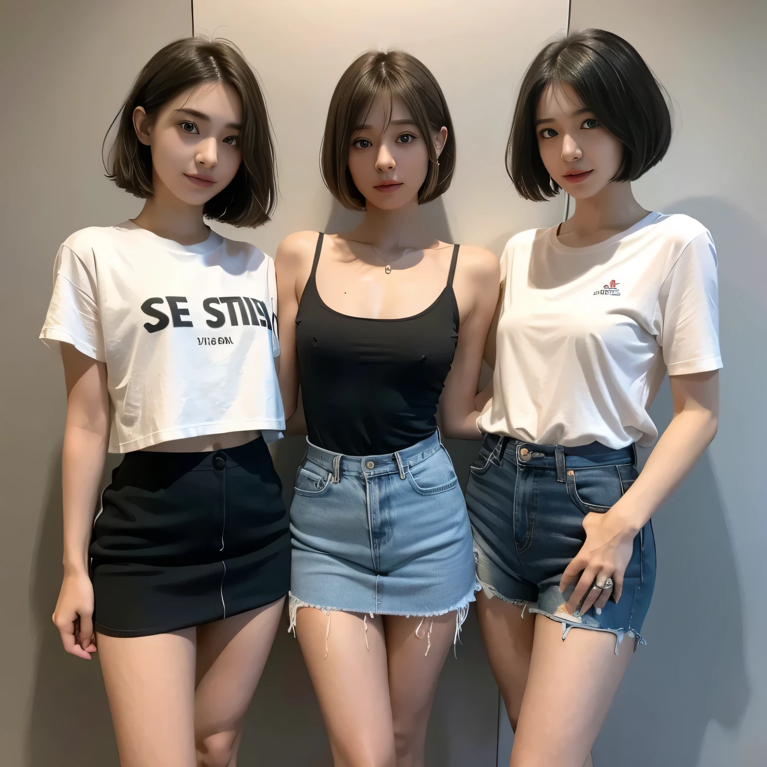 ((masterpiece))、Highest quality、High resolution、8K、A photo of three women together:1.45、They are each wearing different styles of sexy, revealing T-shirts and miniskirts..、One of them has a very cute face and long dark brown hair.、The other one is a pretty girl with a short haircut.、And finally, a bob cut haircut with a Japanese idol face.。