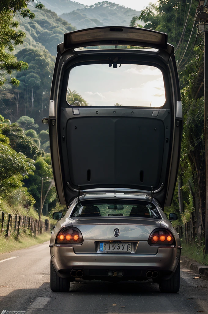 rural curve road in thailand,hi-tech silver bronze back to the future car,wing doors openned,twilight,backlit