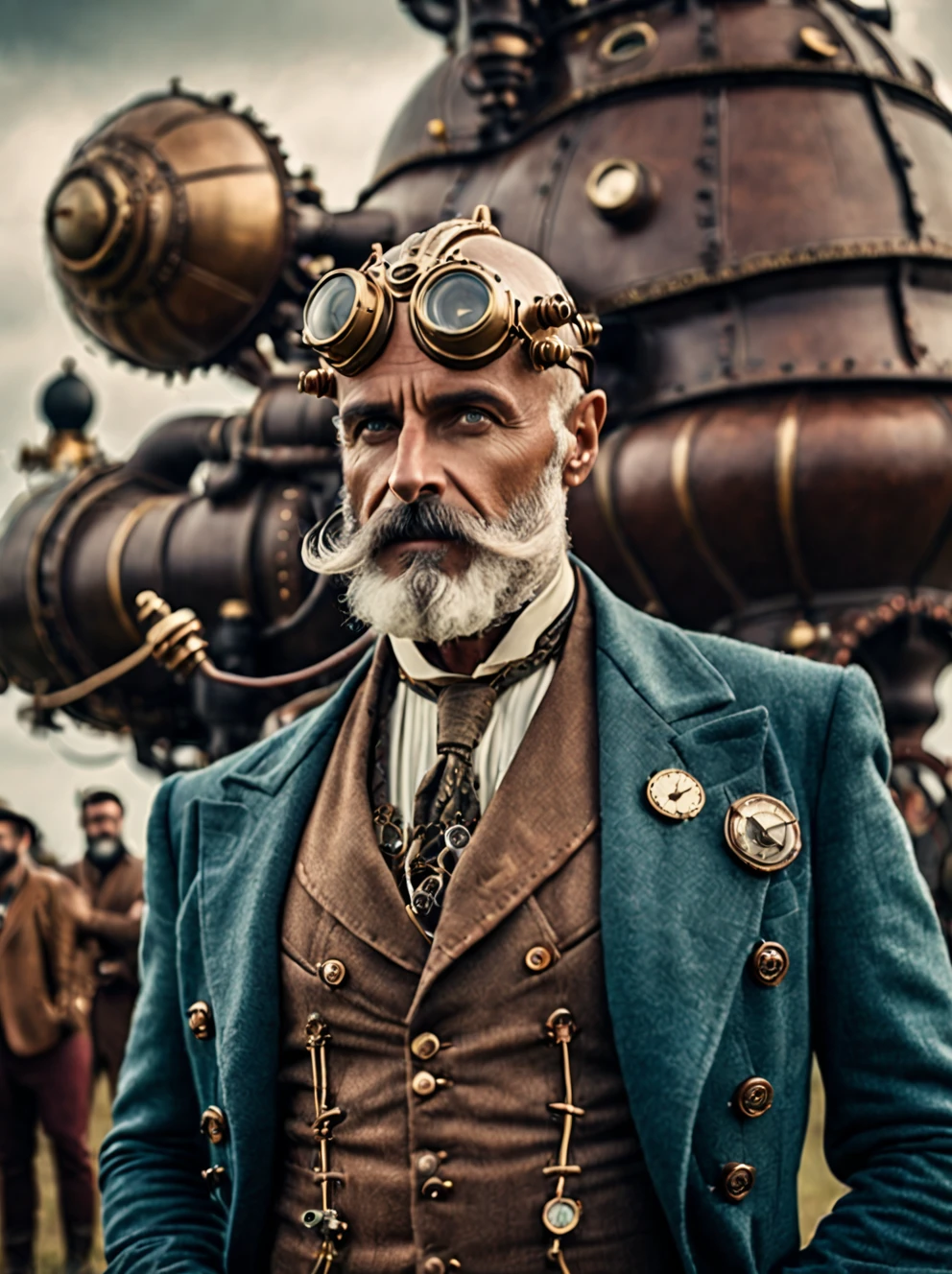 photo focus on male focus, outdoors, realistic scenery, (captain nemo:1.1), retro-futuristic,  tinkering with an antennae, steampunk nautilus-style. very wide shot, character photo portrait, film, professional, 4k