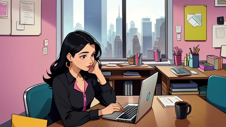 In the background there are many desks and people, Beautiful black-hair woman in her 30s sitting pink chair in an spacious and colorful office. looking down, relaxed atmosphere, cozy, LOFI girl, blouse, desk, documents, laptop, pen, watch, smartphone, stationery, wide glass window, only five fingers, New York, colorful, can see skyscrapers outside the window, colorful wall, pierced earrings, ring, cabinet, offee cup, Well-proportioned face, Unbroken fingers, unbroken fingers, beautiful captured fingers, White skin