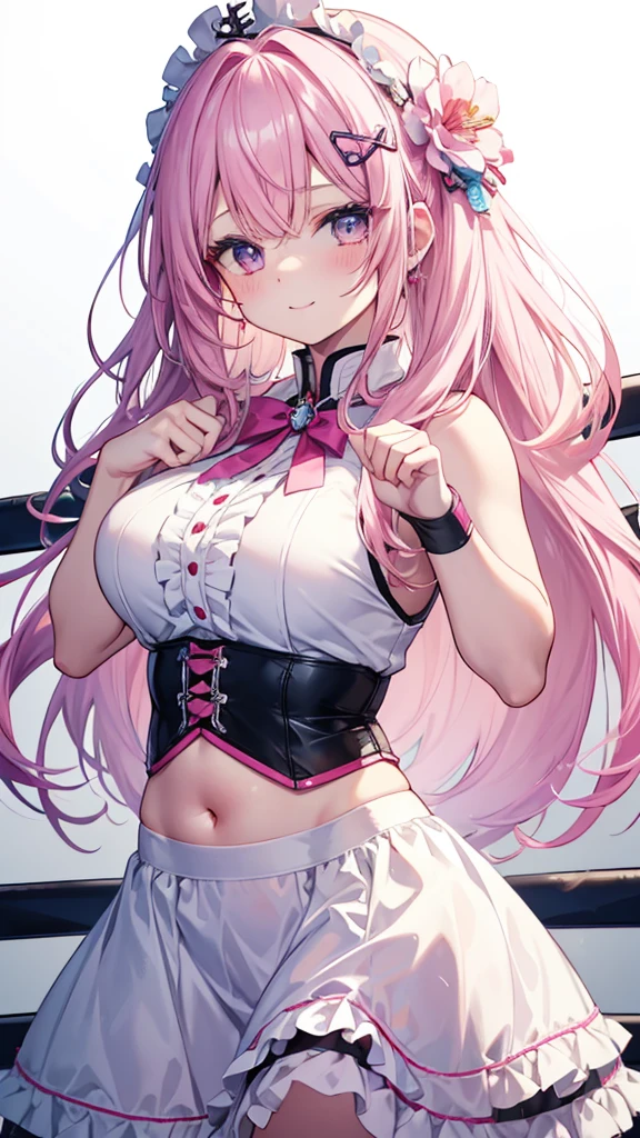 one woman, pink hair, gyaru, canine, aquamarine eyes, Double bun , 
navel, manicure, curly long hair, neat white uniform, Closing your eyes, Open your mouth and smile brightly, squatting cleavage, cute, short pink skirt, very large breasts