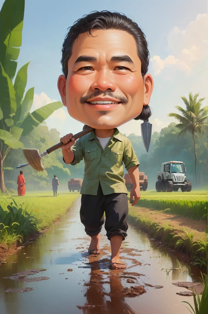 cartoon man walking through a muddy field with a hoe, The head wears a typical Javanese headgear blangkon, caricature illustration, farmer, Indonesian farmer, caricature style, cartoon portrait, cartoon digital painting, caricature, official illustration, cartoon digital art, in cartoon style, inspired by Rudy Siswanto, inspired by I Ketut Soki, potrait, digital cartoon painting art, digital art cartoon, cartoon artstyle