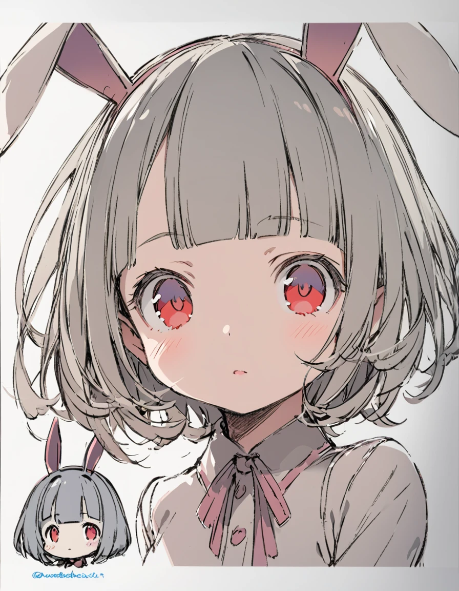Bunny ears girl(Sketches), (Open Close), (Small body), (Gray Hair:1.5) (Short Hair:1.4), (Red eyes)(Blunt bangs:1.3)Horns from the forehead