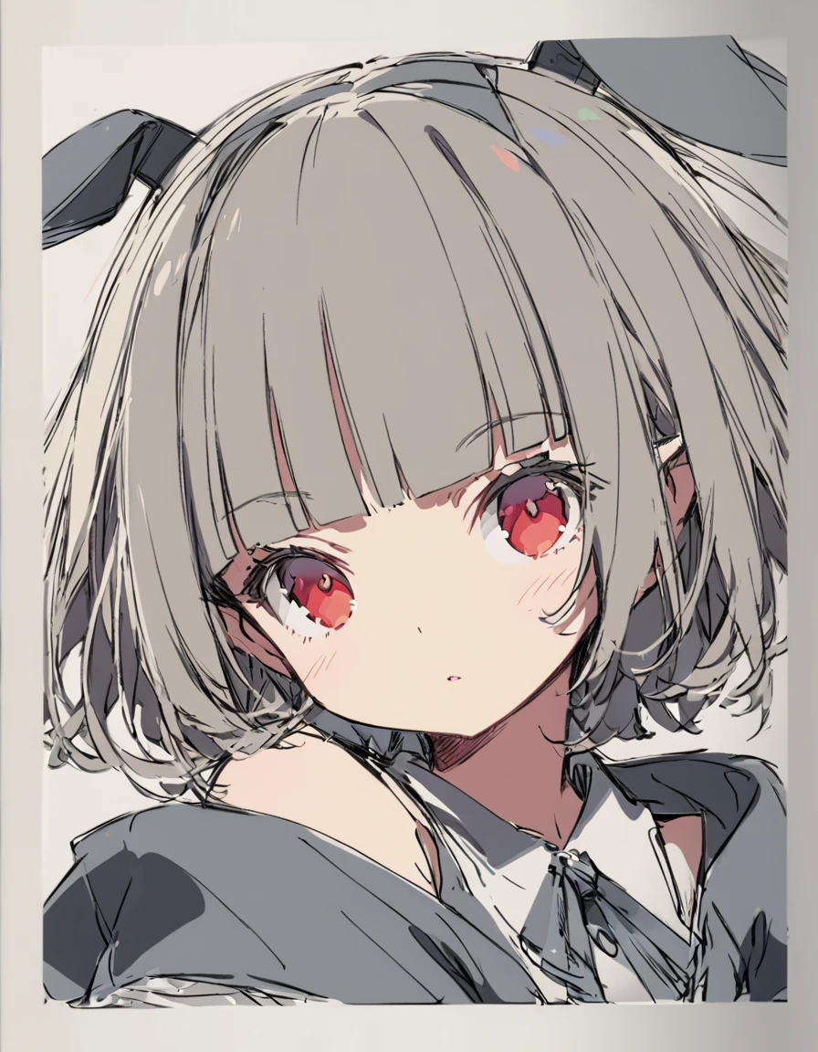Bunny ears girl(Sketches), (Open Close), (Small body), (Gray Hair:1.5） (Short Hair:1.4), (Red eyes)(Blunt bangs:1.3)Horns from the forehead
