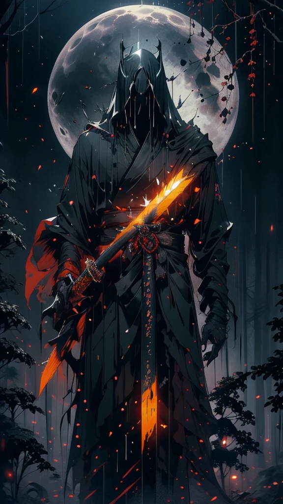 (Best Quality,ultra detailed),dark,wet,artificial raindrops falling,man standing in the rain, with black mask and red eyes(fail), forest ruinscape landscape,majestic and serene nature,full moon shining brightly in the night sky,black outfit medieval with fluorescent red stripes that glow in the moonlight,samurai sword sharpened and drawn(katana),