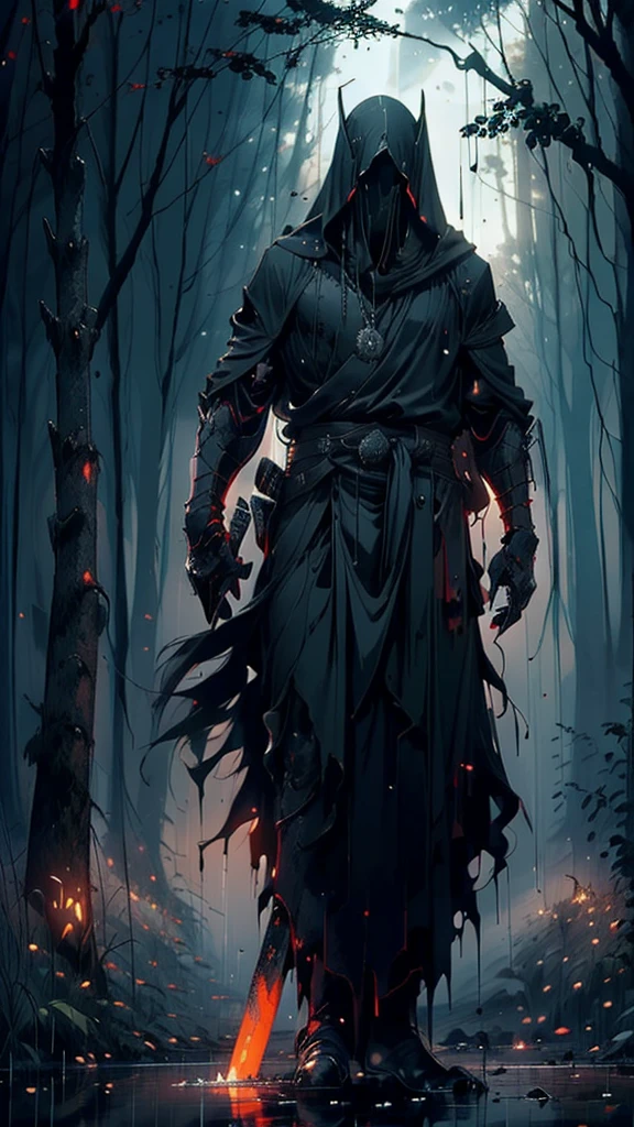 (Best Quality,ultra detailed),dark,wet,artificial raindrops falling,man standing in the rain, with black mask and red eyes(fail), forest ruinscape landscape,majestic and serene nature,full moon shining brightly in the night sky,black outfit medieval with fluorescent red stripes that glow in the moonlight,samurai sword sharpened and drawn(katana),