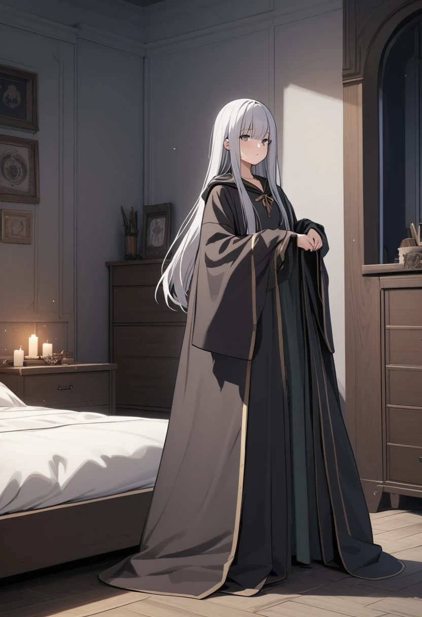 ((masterpiece)), (Highest quality), (Simple style), Silver hair Straight hair Full body Bedroom Wizard