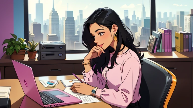 In the background there are many desks and people, Beautiful black-hair woman in her 30s sitting pink chair in an spacious and colorful office. looking down, relaxed atmosphere, cozy, LOFI girl, blouse, desk, documents, laptop, pen, watch, smartphone, stationery, wide glass window, only five fingers, New York, colorful, can see skyscrapers outside the window, colorful wall, pierced earrings, ring, cabinet, offee cup, Well-proportioned face, Unbroken fingers, unbroken fingers, beautiful captured fingers, White skin