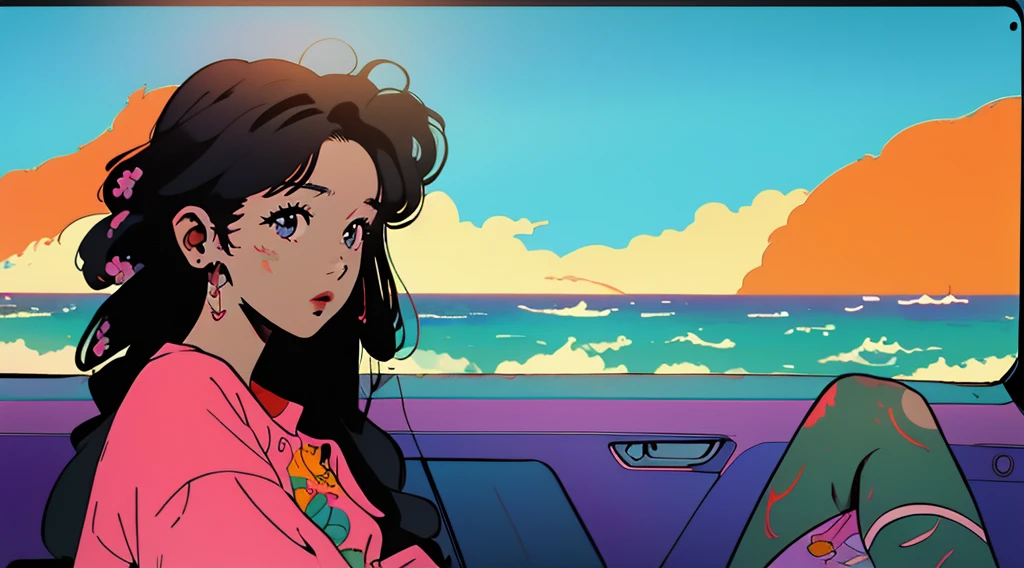 masterpiece, Highest quality, Rainbow Style, anime, Beautiful Asian Girl, tattoo, Sitting in a car, Along the Hawaiian Coast, Cute and dreamy,anime,Illustrator,LOFI Girl, ブルース,