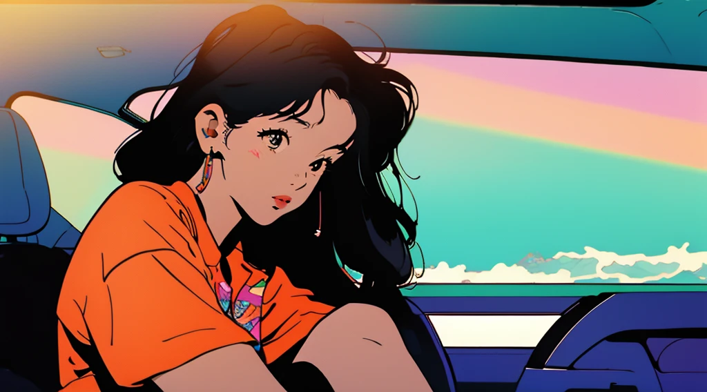 masterpiece, Highest quality, Rainbow Style, anime, Beautiful Asian Girl, tattoo, Sitting in a car, Along the Hawaiian Coast, Cute and dreamy,anime,Illustrator,LOFI Girl, ブルース,