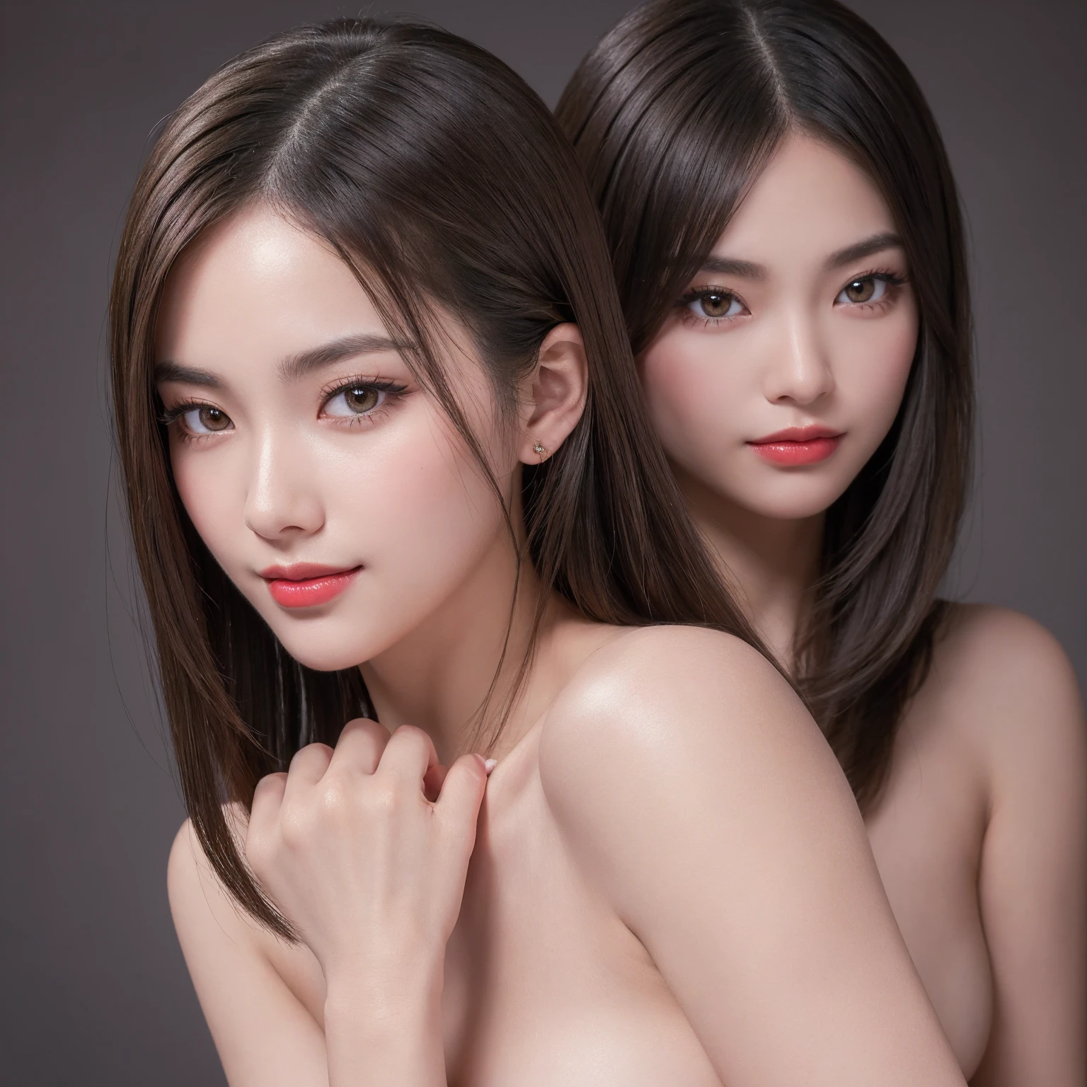 Cover your mouth with your hands, straight hair, shoulder length hair, olive hair, deep side part, eyebrows, mascara, False eyelashes, Highlighter, red lips, realistic, 4K, masterpiece , embarrassed, blush, smile, 独奏,(best quality, masterpiece, 16K, ultra detailed, beautiful skin, professional lighting) A girl, full body, naked, Nude, just, (masterpiece:1.2), Super detailed, Ultra-high resolution, Photorealistic perfect body、Best image quality、Realistic ultra-high quality、ultra high quality face, ((highest quality, 8K, masterpiece: 1.3)), Highly detailed face and skin texture, squat, Embarrassing,