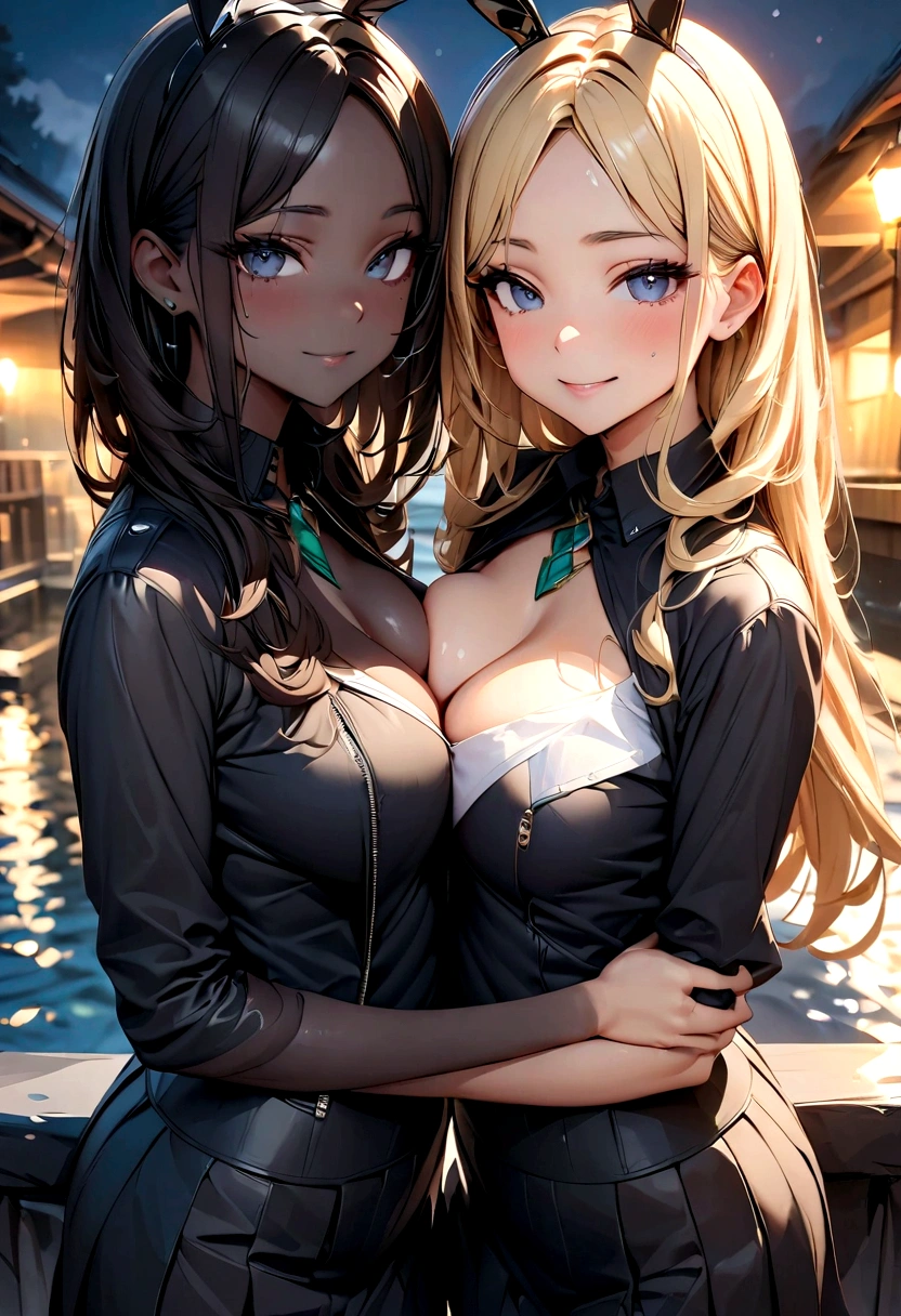 ((masterpiece)), ((best quality)), (ultra-detailed), ((extremely detailed)), 4K, (8K), black skin、Blonde、parted bangs 𝐬𝐡𝐨𝐫𝐭𝐜𝐮𝐭、Hot spring inn、Black leather jacket、Black Shirt、Black Skirt、Gold Bunny Ears