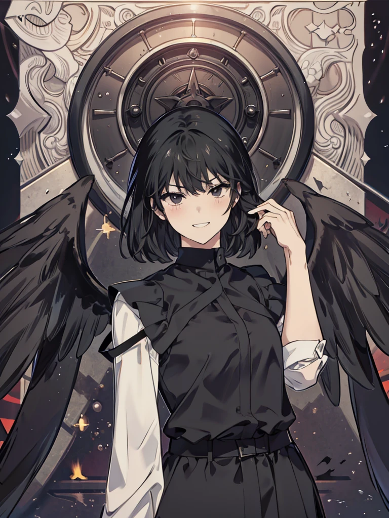 1girl, , female highschool teenature face, short beautiful black hair, bangs, majestic jet black eyes, (best quality,8k,highres,masterpiece), confident, evil smile, flat chest, no boobs, no blush, cool, observe, arrogant, thoughtful, lazy, solo girl, Best Quality, High resolution, Extremely detailed, Detailed background, Perfect Lighting