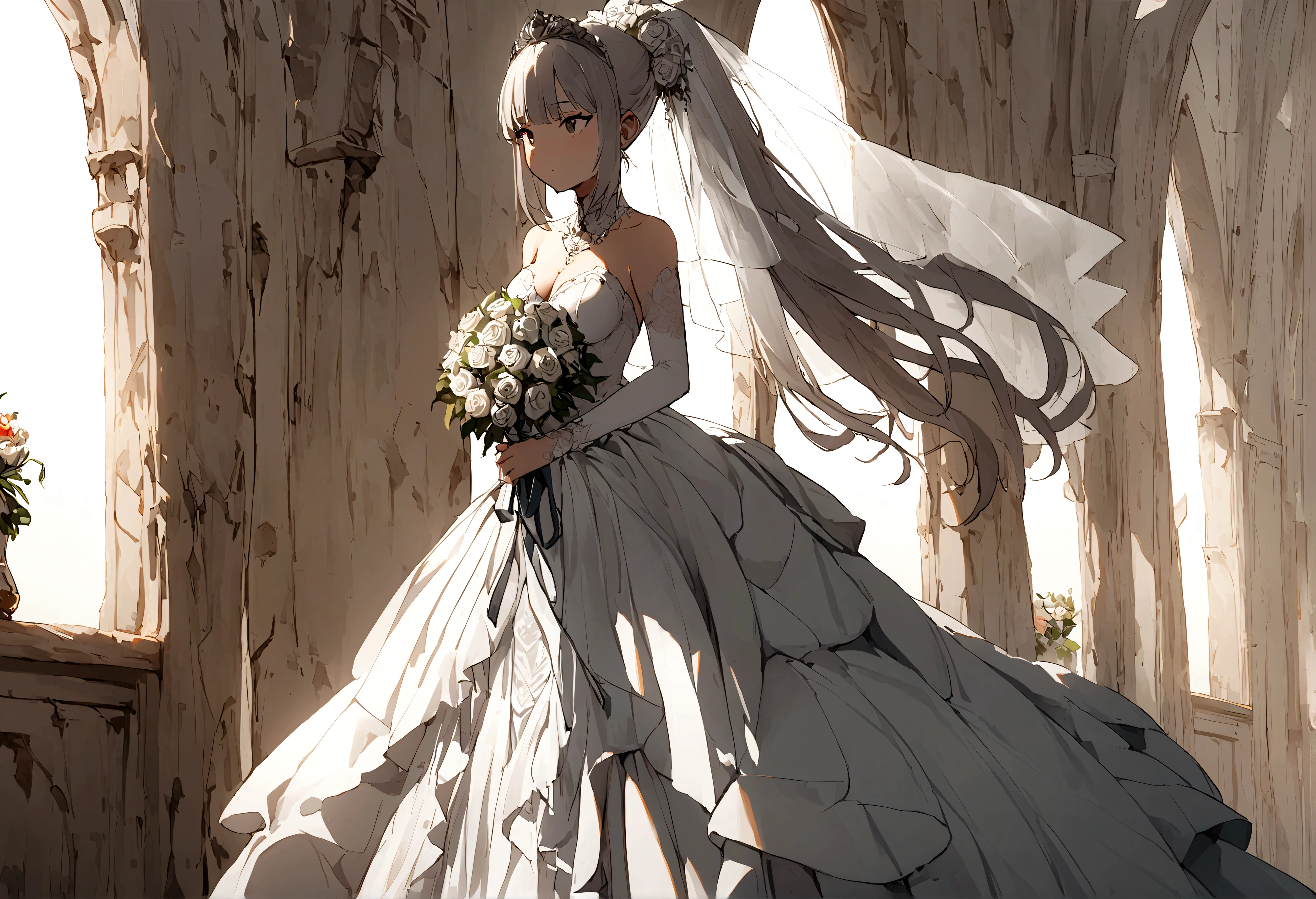 1 girl,Kasugano Sora, Sora,white pantyhose,wedding dress,white gray hair,long double ponytail,bridal bouquet,wedding veil