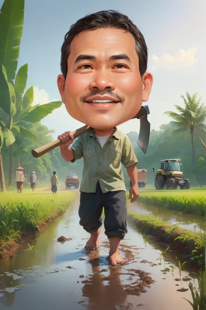 cartoon man walking through a muddy field with a hoe, The head wears a typical Javanese headgear blangkon, caricature illustration, farmer, Indonesian farmer, caricature style, cartoon portrait, cartoon digital painting, caricature, official illustration, cartoon digital art, in cartoon style, inspired by Rudy Siswanto, inspired by I Ketut Soki, potrait, digital cartoon painting art, digital art cartoon, cartoon artstyle
