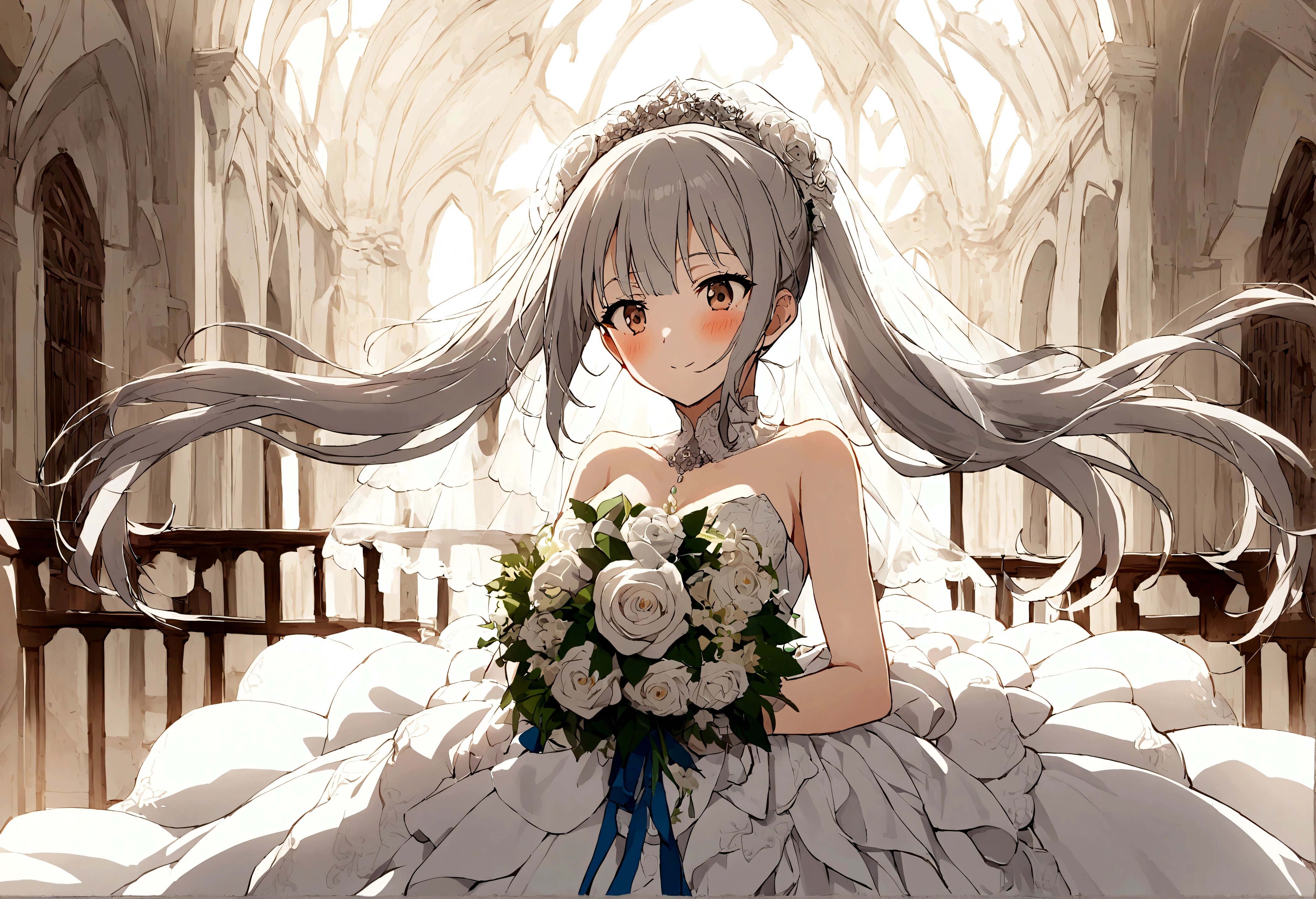 1 girl,Kasugano Sora, Sora,white pantyhose,wedding dress,white gray hair,long double ponytail,bridal bouquet,wedding veil
