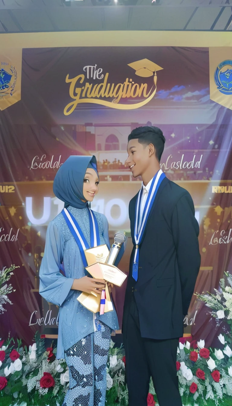 there are two people standing next to each other on a stage, 😃😀😄☺🙃😉😗, full protrait, graduation photo, foto, protrait, photoshot, student, 1 st winner, wining, good photography, backdrop, riyahd cassiem, full device, smooth in _ the background, lovely couple