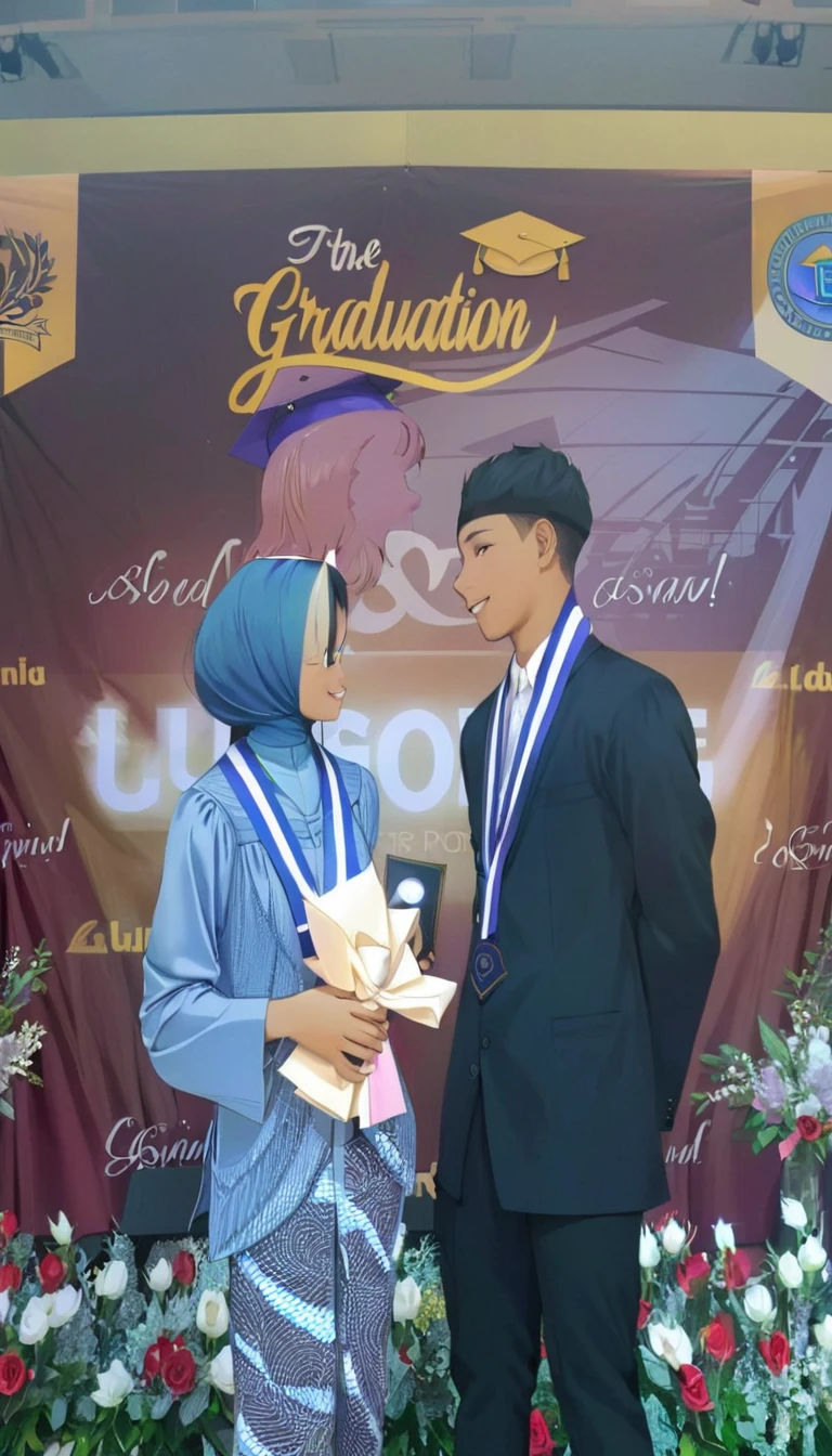 there are two people standing next to each other on a stage, 😃😀😄☺🙃😉😗, full protrait, graduation photo, foto, protrait, photoshot, student, 1 st winner, wining, good photography, backdrop, riyahd cassiem, full device, smooth in _ the background, lovely couple