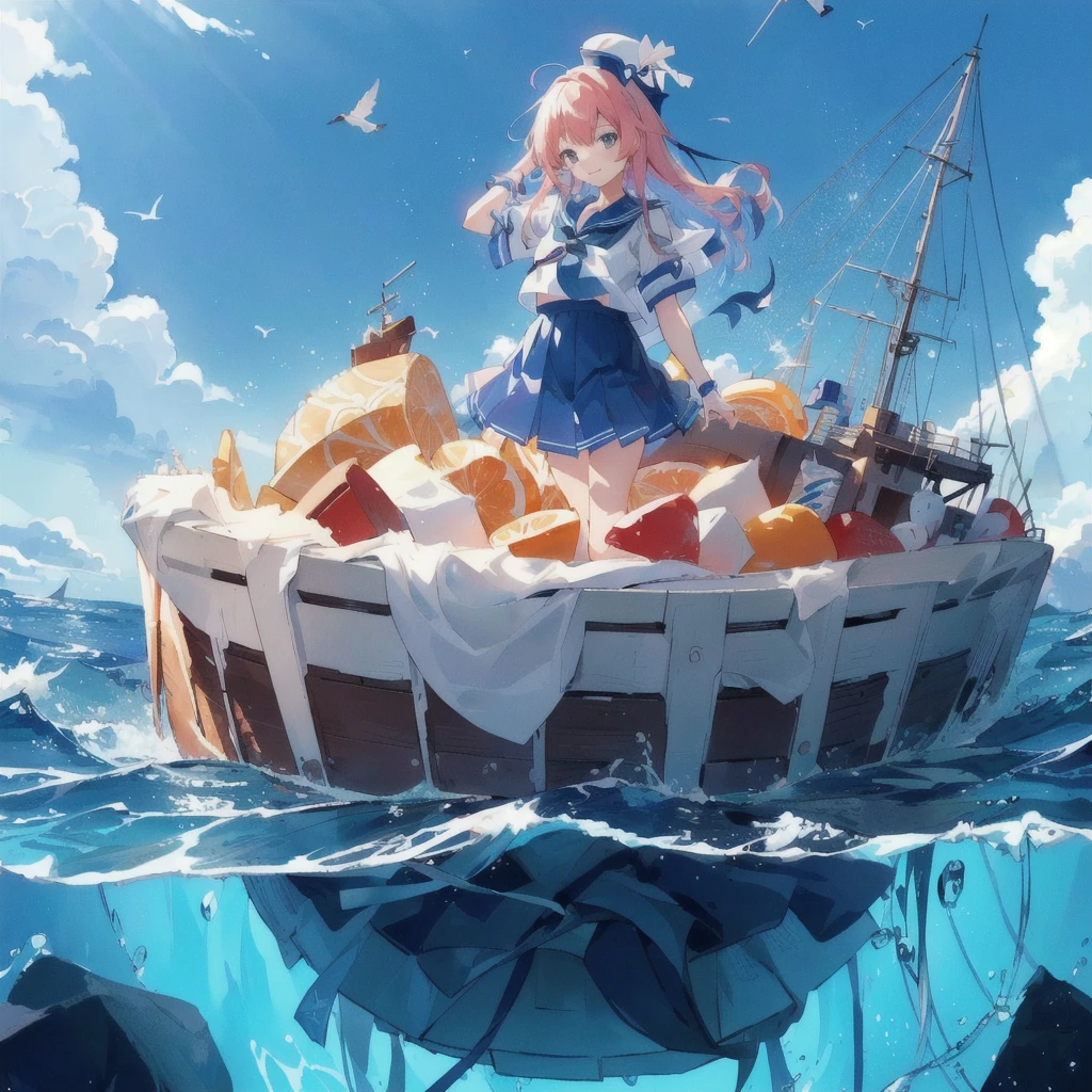 A girl in a sailor suit standing on a giant pudding boat in the middle of the ocean, smile,Seagulls are flying,Anime girl walking on water, Anime Style 4k, Kantai Collection Style, Splash Art Anime Loli, 4KAnime Wallpaper, anime art wallpaper 4k, anime art wallpaper 4k, Wallpaper Anime Blue Water, Anime Art Wallpapers 8K, Anime Wallpaper, Anime Wallpaper 4k