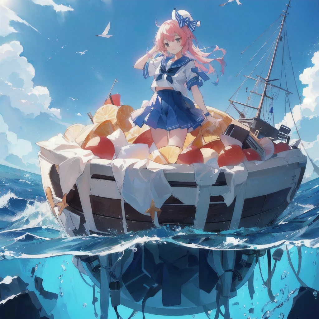 A girl in a sailor suit standing on a giant pudding boat in the middle of the ocean, smile,Seagulls are flying,Anime girl walking on water, Anime Style 4k, Kantai Collection Style, Splash Art Anime Loli, 4KAnime Wallpaper, anime art wallpaper 4k, anime art wallpaper 4k, Wallpaper Anime Blue Water, Anime Art Wallpapers 8K, Anime Wallpaper, Anime Wallpaper 4k