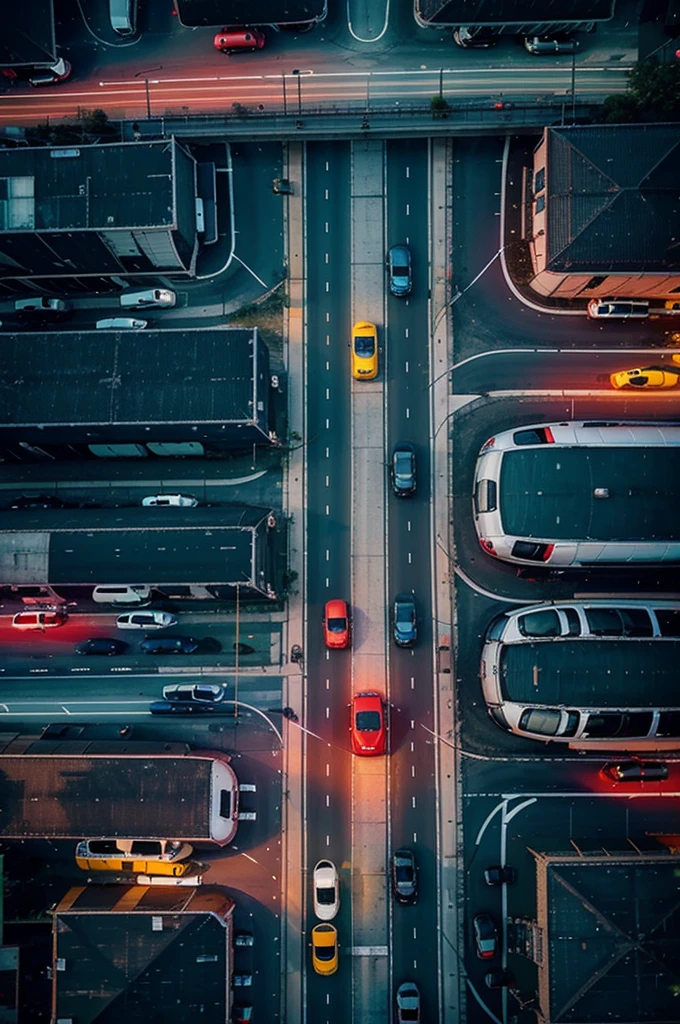 A photo from above shows traffic full of cars at night in a neon city. 